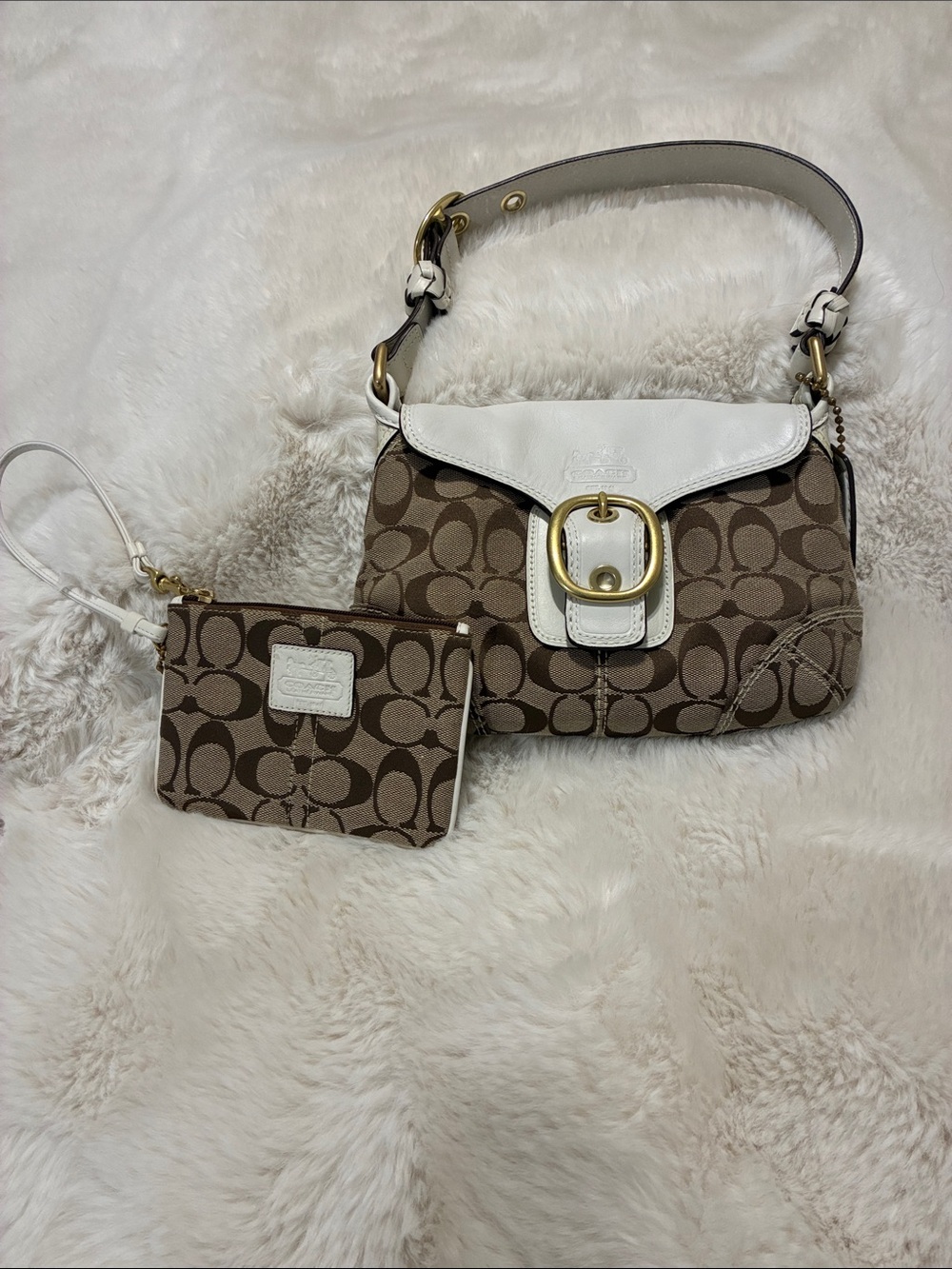 Coach Brown Signature Canvas Shoulder Bag with White Trim and Gold Hardware